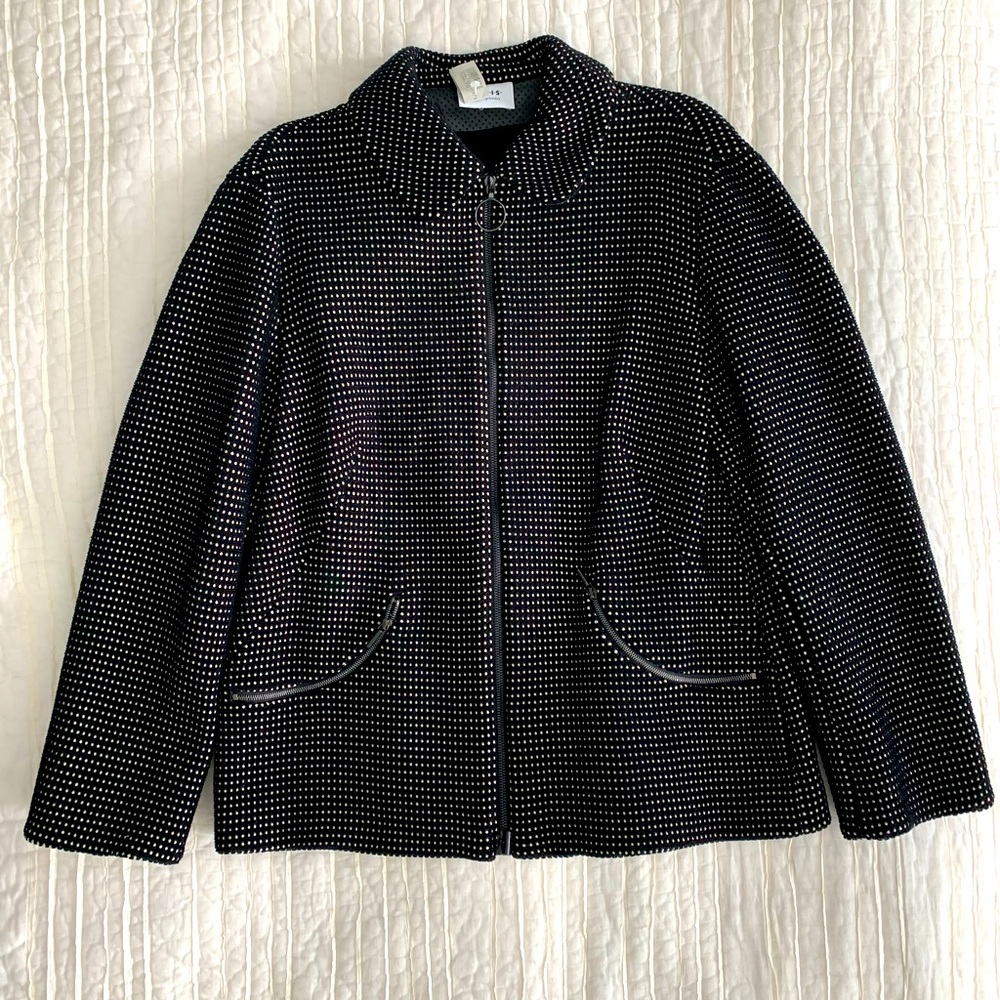 Akris Black and Tan front zip boucle jacket with leather collar, cuffs, & zip.
